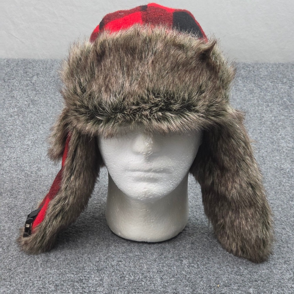 Mad Bomber Trapper Hat M Red Black Buffalo Plaid Faux Fur Aviator Cap Gorpcore